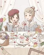 2girls alternate_hairstyle basket beret blunt_ends blush brown_hair cake cake_slice chair cherry collar colored_eyelashes commentary_request cup curtains detached_collar flower flower_wreath folded_ponytail food fork frilled_collar frills fruit gakuen_idolmaster gelatin gingham gingham_shirt grey_hair hair_ornament hairclip hand_up hands_up hat highres holding holding_food holding_fruit idolmaster komoro7857 kuramoto_china long_hair long_sleeves looking_at_another looking_at_object looking_to_the_side multiple_girls neck_ribbon on_chair open_mouth orange_eyes orange_flower parallel_hairclips parted_bangs picture_frame plate purple_flower red_flower red_hat red_tulip ribbon saucer shinosawa_hiro short_hair sidelocks sitting strawberry strawberry_shortcake table tea teacup tulip twitter_username unmoving_pattern upper_body vase white_collar white_ribbon yellow_flower yellow_tulip rating:g score:1 post #10131391