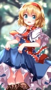 1girl alice_margatroid blonde_hair blue_dress blue_eyes blurry blurry_background capelet commentary_request dress hairband highres lifting_own_clothes looking_at_viewer open_mouth red_hairband ruu_(tksymkw) short_hair solo touhou wet wet_clothes wet_dress white_capelet rating:s score:10 post #7566755
