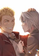 2boys aquaetventus blonde_hair closed_eyes commentary_request facial_hair final_fantasy final_fantasy_vii final_fantasy_vii_ever_crisis glenn_lodbrok grey_hair grin hand_on_another's_head headpat highres jacket looking_at_another male_focus multiple_boys necktie red_jacket sephiroth sephiroth_(ever_crisis) sephiroth_(shinra_private_academy) short_hair smile white_background rating:g score:1 post #9587509