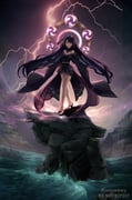 1girl alternate_costume alternate_universe angry artist_name bare_legs bare_shoulders blunt_bangs breasts buddhism cleavage closed_mouth dawn electricity floating floating_hair full_body genshin_impact glowing glowing_halo gradient_hair hair_down hair_floating_upwards hair_ornament halo highres japanese_clothes kimono large_breasts lightning long_hair long_sleeves looking_at_viewer mintysammy mitsudomoe_(shape) mole mole_under_eye multicolored_hair neck_ribbon o-ring ocean off_shoulder outdoors purple_eyes purple_hair purple_kimono purple_sky raiden_shogun red_ribbon red_sash ribbon rock sash shade sky solo standing storm sunset thighs tomoe_(symbol) water watermark waves wide_sleeves rating:s score:5 post #10168836