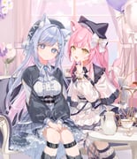 2girls animal_ears animal_hat aoi_sui apron belt belt_around_waist beret between_legs black_belt blue_gemstone blue_hair bow breasts cat_ears cat_hat closed_mouth clothing_request commentary couch crescent crescent_hair_ornament cup eyelashes flower frilled_apron frills gem hair_ornament hand_between_legs hand_up hat head_tilt highres indie_virtual_youtuber indoors knees leg_belt leg_warmers long_hair long_sleeves looking_at_viewer medium_breasts multicolored_hair multiple_girls munmosshu on_couch open_mouth parted_bangs pink_hair puffy_sleeves red_pupils roena second-party_source sitting smile star_(symbol) teacup teapot virtual_youtuber white_bow x_hair_ornament yellow_eyes rating:g score:2 post #10172164