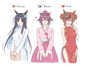 3girls absurdres alternate_costume animal_ears ao_dai bare_arms black_hair brown_hair check_costume chima_(clothes) china_dress chinese_clothes commentary_request covered_navel dress ear_covers ear_ornament flag flying_sweatdrops hair_flaps hanbok hat highres holding holding_unworn_clothes holding_unworn_hat horse_ears horse_girl horse_tail index_finger_raised kimchi_(user_mpzz8457) korean_clothes long_sleeves mejiro_dober_(umamusume) multicolored_hair multiple_girls nice_nature_(umamusume) pants pelvic_curtain pink_hanbok pink_shirt pink_skirt red_dress sakura_chiyono_o_(umamusume) shirt skirt sleeveless sleeveless_dress streaked_hair tail umamusume unworn_hat unworn_headwear vietnamese_clothes white_dress white_pants white_streaks rating:s score:25 post #10100449