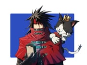 1boy absurdres belt_buckle black_gloves black_hair blue_background border buckle cait_sith_(final_fantasy) cat cloak covered_mouth crown final_fantasy final_fantasy_vii final_fantasy_vii_rebirth final_fantasy_vii_remake gloves hair_between_eyes headband highres holding long_hair male_focus mini_crown on_shoulder outside_border red_cloak red_eyes red_headband spiked_hair upper_body vincent_valentine white_border white_gloves zupakyo rating:g score:5 post #10169542