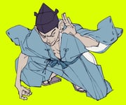 1boy adc_mt black_hair blank_eyes blue_kimono commentary_request cupping_ears full_body green_background grin hat highres ichikawa_sukefusa japanese_clothes kimono large_ears male_focus nige_jouzu_no_wakagimi sandals short_hair simple_background smile solo squatting tate_eboshi v-shaped_eyebrows very_short_hair wide_sleeves zouri rating:g score:0 post #10164604