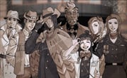 3girls 4boys ace_attorney angel_starr bandana beard belt bow bowtie bright_pupils bruce_goodman buttons chinstrap_beard cloak closed_eyes coat commentary cowboy cowboy_hat cowboy_western damon_gant double-breasted earrings ema_skye english_commentary epaulettes eyewear_on_head facial_hair fingerless_gloves glasses gloves goatee goatee_stubble group_picture hair_between_eyes hair_over_one_eye hand_up hat height_difference highres hoop_earrings jacket jake_marshall jewelry lana_skye long_hair long_sleeves looking_at_viewer medal military_dress_uniform military_uniform mini_hat multiple_boys multiple_girls necktie neil_marshall phoenix_wright:_ace_attorney scarf sepia short_hair sleeves_pushed_up smile stubble sunglasses teeth trilby upper_body upper_teeth_only watera111 rating:g score:3 post #9731915