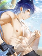 1boy abs absurdres black_gloves blue_hair fingerless_gloves flins_(genshin_impact) from_side genshin_impact gloves gradient_hair hashtag-only_commentary highres kaon7lv long_hair looking_at_viewer male_focus multicolored_hair muscular muscular_male navel navel_hair nipples pectorals see-through_clothes see-through_tank_top solo sweat two-tone_hair yellow_eyes rating:s score:2 post #10154422
