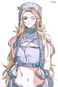1girl :< bestcondition14 blonde_hair blue_eyes blush_stickers breasts cleavage cleavage_cutout clothing_cutout commentary_request cropped_sweater fingerless_gloves genderswap genderswap_(mtf) gloves hair_through_headwear hat highres johnny_joestar jojo_no_kimyou_na_bouken korean_commentary long_hair midriff navel one_eye_closed single_blush_sticker sleeveless sleeveless_sweater sleeveless_turtleneck solo steel_ball_run sweater turtleneck very_long_hair rating:s score:0 post #10174992