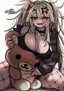 1girl absurdres artist_name black_bra black_choker black_jacket blonde_hair blush body_freckles bra breast_freckles breasts butterfly_earrings choker cleavage commentary dokidomiki earrings english_commentary fingernails fishnet_pantyhose fishnets freckles gauze gauze_on_cheek gauze_on_face hair_between_eyes hair_ornament highres jacket jewelry large_breasts long_fingernails long_hair long_sleeves looking_at_viewer messy_hair miki_(dokidomiki) mole mole_under_eye mole_under_mouth multiple_moles nail_polish necklace open_clothes open_jacket open_mouth original pantyhose pink_eyes pink_nails rilakkuma san-x scene_fashion shoulder_freckles simple_background single_bare_shoulder sitting smile solo star_(symbol) star_hair_ornament striped_clothes striped_jacket stuffed_animal stuffed_toy syringe syringe_necklace teddy_bear teeth textless_version thigh_freckles tongue underwear upper_teeth_only white_background rating:s score:15 post #10082227