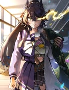 1girl absurdres animal_ears bandaid bandaid_on_face bandaid_on_nose black_hair bow bowtie breasts chest_sarashi closed_mouth coat confetti crying eye_trail fingerless_gloves gloves glowing glowing_eye glowing_eyes hair_between_eyes highres horse_ears horse_girl jacket large_breasts light_trail long_hair long_sleeves looking_at_viewer midriff naegi_happy narita_brian_(maverick)_(umamusume) narita_brian_(umamusume) navel open_clothes open_coat pink_gloves plaid_clothes plaid_skirt ponytail purple_sailor_collar purple_serafuku purple_shirt purple_skirt rope sailor_collar sailor_shirt sarashi school_uniform serafuku shimenawa shirt skirt solo tears torn_clothes torn_coat tracen_school_uniform umamusume umamusume:_star_blossom white_bow white_bowtie white_coat yellow_eyes rating:s score:8 post #10173061