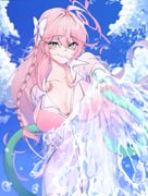 1girl absurdres ahoge aki_(user_zscy4544) arm_behind_back bags_under_eyes bare_arms bare_hips bikini blue_archive blush bow braid breasts cleavage cloud collared_shirt commentary_request cowboy_shot floating_hair green_eyes hair_bow hair_intakes hair_ornament halo hanako_(blue_archive) hanako_(swimsuit)_(blue_archive) highres holding holding_hose hose large_breasts long_hair looking_at_viewer official_alternate_costume open_clothes outstretched_arm pink_bikini pink_hair pink_halo see-through_clothes shirt single_braid sky smile string_bikini swimsuit water wet wet_clothes wet_shirt white_bow rating:s score:1 post #10175559