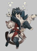 2boys animal_feet black_eyes black_hair black_jacket body_fur brown_hair cat_boy claws digitigrade dog_boy fang flower fuji_166 full_body green_eyes grey_background jacket male_focus multiple_boys one_eye_closed original short_hair simple_background tail white_flower yellow_fur rating:g score:1 post #10171800