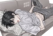 1boy absurdres black_hair black_male_underwear cellphone chamuring clothes_lift couch grey_pants han_maru hand_on_own_stomach hashtag-only_commentary highres holding holding_phone korean_text looking_at_viewer lying male_focus male_underwear male_underwear_peek on_back on_couch open_mouth pants phone pillow shirt shirt_lift short_hair smartphone solo special_civil_servant squeans sweatpants teeth tongue translation_request underwear white_shirt yawning rating:s score:3 post #10150314