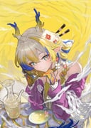 1girl absurdres arknights bare_shoulders blonde_hair blue_hair braid breasts closed_mouth commentary_request dragon_girl dragon_horns dragon_tail dress earrings flower gn_tuituji gradient_hair green_eyes hair_between_eyes head_rest highres horns jewelry light_blush long_hair long_sleeves looking_at_viewer multicolored_hair official_alternate_costume pointy_ears shu_(arknights) shu_(spring_feast)_(arknights) slit_pupils small_breasts smile solo steepled_fingers tail upper_body white_hair rating:g score:2 post #10175298