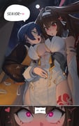 2girls :o bare_shoulders belle_(delicate_sunlight)_(zenless_zone_zero) belle_(zenless_zone_zero) blue_hair blue_nails blush breasts brown_hair cleavage comic detached_sleeves english_commentary english_text full_moon green_eyes hand_on_another's_stomach heart heart-shaped_pupils highres large_breasts leg_tattoo moon multicolored_nails multiple_girls night night_sky nose_blush open_mouth orange_nails red_eyes roro_(tpghksdlzpq) sky speech_bubble sweat symbol-shaped_pupils tattoo underboob womb_massage ye_shunguang yellow_nails yuri zenless_zone_zero rating:s score:0 post #10177408