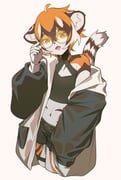 1girl :o animal_ears animal_print arknights ev-oo fang feet_out_of_frame furry furry_female highres looking_at_viewer navel shorts simple_background solo sunglasses tail tiger_ears tiger_girl tiger_print tiger_tail waai_fu_(arknights) white_background rating:g score:15 post #9875864