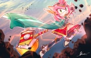 1girl amy_rose amy_rose_(paladin) armor armored_boots armored_dress boots cape commentary debris dress green_cape green_eyes highres looking_at_viewer official_alternate_costume rv_(rv9453) signature solo sonic_(series) sonic_forces:_speed_battle sparkle symbol-only_commentary war_hammer weapon rating:g score:8 post #9715173