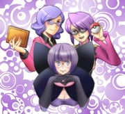 1girl 2boys black_gloves blunt_bangs book breasts cleavage closed_mouth commentary_request elbow_gloves eye_mask glasses gloves holding holding_book holding_poke_ball interlocked_fingers long_sleeves lucian_(pokemon) mask multiple_boys open_mouth poke_ball poke_ball_(basic) pokemon pokemon_bw pokemon_dppt pokemon_hgss purple-tinted_eyewear purple_eyes purple_hair purple_theme round_eyewear shauntal_(pokemon) short_hair smile sumino teeth tinted_eyewear upper_teeth_only will_(pokemon) rating:g score:0 post #10174343