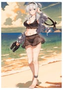 1girl beach bikini bikini_skirt black_bikini black_headband blue_sky breasts cleavage cloud commission day full_body grey_hair hair_between_eyes headband highres holding holding_sandals horizon kantai_collection large_breasts long_hair looking_at_viewer ocean one_side_up outdoors sandals see-through_clothes see-through_skirt shiomugi_(shio_mugi1107) skeb_commission skirt sky solo suzutsuki_(kancolle) suzutsuki_(swimsuit)_(kancolle) swimsuit unworn_sandals watermark rating:s score:13 post #10143368