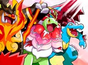 absurdres antennae artist_name black_fur blue_skin boar claws colored_skin crocodilian emboar fangs feraligatr fiery_hair fire flaming_weapon flower green_skin harlequinwaffles highres holding holding_staff hood hunched_over long_neck mega_emboar mega_feraligatr mega_meganium mega_pokemon meganium no_humans orange_fur orange_skin pokemon pokemon_(creature) pokemon_focus sauropod skin_fangs spikes spines staff starter_pokemon_trio thick_eyebrows tusks weapon yellow_eyes rating:g score:8 post #10154165