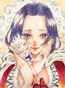 1girl aegyo_sal blush boa_hancock cape closed_mouth eyelashes hagoromo hands_on_own_face highres holding holding_stuffed_toy hood hooded_cape long_hair looking_to_the_side mixed-language_commentary momopine_op monkey_d._luffy one_piece shawl sidelocks smile stuffed_toy traditional_media white_hair rating:g score:2 post #10175086
