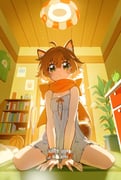 1girl absurdres ahoge animal_ear_request animal_ears arms_between_legs badminton_racket ball basketball_(object) bookshelf breasts brown_hair chandelier chemise commentary frilled_wrist_cuffs frills from_below full_body green_eyes hair_flaps highres indoors locker looking_at_viewer nikyuppa orange_scarf original own_hands_together plant potted_plant racket scarf shirt short_hair sidelocks sitting small_breasts solo sunlight surprised tail unworn_shirt wariza white_chemise white_wrist_cuffs wrist_cuffs rating:s score:1 post #10171955