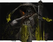 1girl backlighting bandaged_head bandaged_weapon bandages black_gloves black_hair border chain cowboy_shot faust_(project_moon) gloves glowing glowing_eye hashtag-only_commentary hat heishou_pack-mao_branch_(identity)_(project_moon) holding holding_sword holding_weapon limbus_company long_hair looking_at_viewer m0lybdm official_alternate_costume outside_border painterly planted planted_sword project_moon robe rope_belt scarf solo straw_hat sword weapon white_border white_scarf yellow_eyes rating:g score:2 post #10173927