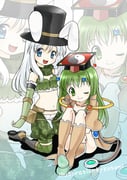 2girls :d animal_ear_headwear animal_ears belt belt_pouch black_boots black_hat blush boots breasts brown_belt brown_boots brown_capelet camouflage camouflage_scarf camouflage_shorts capelet closed_mouth commentary_request elbow_gloves fake_animal_ears fingerless_gloves full_body gloves green_eyes green_gloves green_hair green_scarf green_shorts green_thighhighs green_tube_top guan_hat hat hugging_own_legs kneeling kotomi_(happy_colors) long_hair looking_at_viewer mian_guan midriff multiple_girls navel one_eye_closed open_mouth panties pouch rabbit_ears ragnarok_online ranger_(ragnarok_online) sage_(ragnarok_online) scarf shorts sitting small_breasts smile strapless thighhighs top_hat tube_top underwear white_background white_hair white_panties yin_yang yin_yang_print zoom_layer rating:s score:0 post #10084498