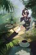 1girl absurdres alcohol black_boots black_c_(net_dust) black_hat black_skirt blue_archive blurry boots bottle breasts brown_hair chair coffee collared_shirt commentary depth_of_field full_body glass hair_between_eyes hair_ornament hairclip haruka_(blue_archive) hat highres juliet_sleeves long_sleeves looking_at_viewer medium_hair pink_eyes plant plate pleated_shirt puffy_sleeves red_shirt saucer shirt shoelaces shoes sitting skirt solo spoon wine rating:g score:13 post #10128840