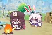 2girls black_hat blue_horns blunt_bangs bonfire bow-shaped_hair campfire chibi chinese_clothes choker coattails colored_tips cooking fire firewood fish flower flower-shaped_pupils frilled_sleeves frills genshin_impact gloves gradient_hair hat hat_flower hat_tassel highres horns hu_tao_(genshin_impact) lace-trimmed_choker lace_trim log long_hair long_sleeves mikurumikurumi multicolored_hair multiple_girls open_mouth pink_hair plum_blossoms porkpie_hat purple_eyes roasting sangonomiya_kokomi shorts skewer stick symbol-shaped_pupils tailcoat white_gloves white_shorts wide_sleeves rating:g score:10 post #10165988