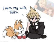 aerith_gainsborough black_cape black_gloves black_pants black_vest blonde_hair blue_eyes brown_hair cape cloud_strife commentary english_commentary english_text final_fantasy final_fantasy_vii final_fantasy_vii_advent_children full_body furry furry_male gloves hedgehog_boy holding holding_photo hu_manbee_ing i_miss_my_wife_tails_(meme) meme pants photo_(object) reference_inset sad selfie short_hair single_bare_shoulder sitting snapcube sonic_(series) spiked_hair tails_(sonic) vest waist_cape white_background white_gloves rating:g score:6 post #9964642