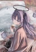 1girl absurdres alternate_costume autumn black_halo black_pants blue_archive blush brown_coat brown_shoes closed_mouth coat commentary drone eating food grey_sweater hair_ornament halo highres holding holding_food kogure0012 long_hair long_sleeves looking_at_viewer on_bench pants purple_eyes purple_hair ribbed_sweater roasted_sweet_potato shoes sitting smile sneakers solo sweater sweet_potato turtleneck turtleneck_sweater two_side_up water yuuka_(blue_archive) rating:g score:23 post #10168759