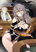 1boy 1girl absurdres animal_ears arms_behind_back aventurine_(honkai:_star_rail) bare_shoulders bdsm bondage bound breast_bondage breasts breasts_on_tray cleavage cloth_gag clothing_cutout crotch_rope gag gagged grey_hair highres holding holding_tray honkai:_star_rail honkai_(series) improvised_gag large_breasts long_hair over_the_mouth_gag playboy_bunny rabbit_ears serving_tray_(bdsm) shibari shibari_over_clothes shrug_(clothing) skindentation standing stelle_(honkai:_star_rail) stomach_cutout tiedtiki trailblazer_(honkai:_star_rail) tray yellow_eyes rating:q score:22 post #10054010