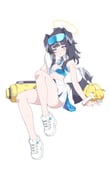 1girl absurdres animal_ears bare_shoulders black_hair blue_archive blue_eyes blush breasts cheerleader cleavage crop_top dog_ears dog_girl dog_tail eyewear_on_head facepaint fenlinhuoshan full_body goggles goggles_on_head halo hibiki_(blue_archive) hibiki_(cheer_squad)_(blue_archive) highres holding holding_pom_poms knee_up long_hair looking_at_viewer medium_breasts midriff miniskirt official_alternate_costume pleated_skirt pom_pom_(cheerleading) ponytail shoes simple_background sitting skirt sneakers solo sticker sticker_on_face sweat tail tattoo towel white_background white_skirt rating:s score:23 post #10130275