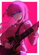 1girl absurdres blue_eyes bocchi_the_rock! border commentary_request cowboy_shot floating_hair from_below gotoh_hitori guitar hair_between_eyes highres holding holding_guitar holding_instrument instrument jacket long_bangs long_hair long_sleeves looking_at_viewer looking_down motion_lines moving_gun music outside_border parted_lips pink_background pink_hair pink_jacket pink_theme playing_guitar playing_instrument simple_background solo standing sweat track_jacket turn_pale white_border wispy_bangs rating:g score:1 post #10175216