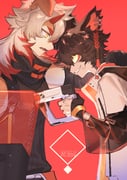 2boys aak_(arknights) absurdres aiming aiming_at_another aleo animal_ear_piercing animal_ears arknights black_hair coat colored_sclera colored_tips dog_ears fang furry furry_male grin high_collar highres horns hung_(arknights) long_hair looking_at_another looking_down looking_up male_focus multicolored_hair multiple_boys red_background red_horns see-through_clothes see-through_sleeves shirt short_hair skin_fang sleeveless sleeveless_shirt smile white_coat white_hair yellow_eyes yellow_sclera rating:g score:2 post #10046733