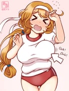 1girl >_< arrow_(symbol) artist_logo ass_visible_through_thighs breasts brown_hair buruma cursor dated folded_hair gradient_background gym_shirt gym_uniform hairband kanon_(kurogane_knights) kantai_collection large_breasts logo long_hair low-tied_long_hair one-hour_drawing_challenge ootomari_(kancolle) pink_background red_buruma shirt solo t-shirt tears thigh_gap white_hairband white_shirt rating:s score:6 post #10061621