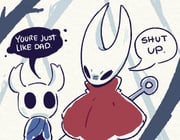 1girl 1other arthropod_girl can't_choose_your_own_family cloak commentary english_commentary english_text grey_cloak half-siblings hollow_eyes hollow_knight hollow_knight:_silksong horned_mask hornet_(hollow_knight) knight_(hollow_knight) mask momoiiroo needle_(hollow_knight) red_cloak speech_bubble spoilers weapon weapon_on_back white_mask rating:g score:28 post #10039348
