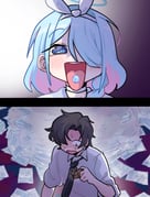 1boy 1girl 2koma absurdres arona_(blue_archive) black_hair black_necktie blue_archive blue_archive_the_animation blue_eyes bow bow_hairband card chainsaw_man collared_shirt colored_inner_hair comic commentary credit_card curtained_hair dress_shirt gacha_(game_mechanic) hair_bow hair_over_one_eye hairband highres hoduochil holding holding_card multicolored_hair necktie nervous_sweating one_eye_covered paper_stack parody pink_hair pyroxene_(blue_archive) recruitment_(blue_archive) sensei_(blue_archive) sensei_(blue_archive_the_animation) shaded_face shirt short_hair sweat three-quarter_sleeves tongue tongue_hold tongue_out white_bow white_hairband white_shirt rating:g score:17 post #10165649