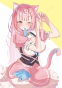 1girl adjusting_hair ahoge animal_ears animal_print arm_belt bell belt blue_ribbon blush breasts cat_ears cat_girl cat_print cat_tail closed_mouth commentary dress eyelashes fingernails hair_ornament highres indie_virtual_youtuber jingle_bell large_breasts long_hair maid momoriron mouth_hold nail_polish neck_bell one_eye_closed paw_print pink_dress pink_eyes pink_hair pink_nails pink_tail ribbon second-party_source short_sleeves solo squeans suspenders tail tail_ornament tail_ribbon two-tone_background unworn_hair_ornament virtual_youtuber white_background white_belt white_dress yellow_background yuuki_sakuna rating:s score:4 post #10162666