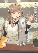 1girl :3 :o absurdres apron black_dress blue_ribbon brown_hair cat closed_eyes commentary_request dress green_eyes grey_cat hairband hand_up highres long_hair maid neck_ribbon oimo_imoo open_mouth original rearing ribbon surprised sweat translation_request upper_body white_apron white_hairband white_ribbon rating:g score:7 post #10172293
