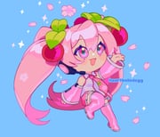 1girl :d arm_up artist_name bare_shoulders blue_background blush boots cherry cherry_blossoms cherry_hair_ornament chibi chibi_only commentary detached_sleeves flower food food-themed_hair_ornament fruit full_body hair_between_eyes hair_ornament hatsune_miku headset heartboiledegg highres long_hair looking_up necktie open_mouth petals pink_boots pink_eyes pink_flower pink_hair pink_skirt sakura_miku shirt simple_background skirt sleeveless smile solo sparkle standing symbol-only_commentary thigh_boots twintails twitter_sparkles very_long_hair vocaloid zettai_ryouiki rating:g score:8 post #7872299