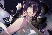 1girl absurdres black_hair bomb_devil_(chainsaw_man) breasts chainsaw_man choker collared_shirt green_eyes hair_between_eyes hair_bun highres kanniiepan looking_at_viewer medium_breasts neck_ribbon parted_lips reze_(chainsaw_man) ribbon shirt short_hair sleeveless sleeveless_shirt white_shirt rating:s score:5 post #10175208