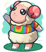 :3 animal_crossing arm_up closed_mouth commentary dom_(animal_crossing) english_commentary full_body grass highres horns sheep_boy shirt short_sleeves signature solo standing striped_horns t-shirt tie-dye wavy_eyes white_background woofzilla rating:g score:1 post #10152133