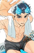 1boy bara black_eyes black_hair blue_fire fiery_horns fire fructua_kk hand_up highres horns looking_at_viewer male_focus male_swimwear muscular muscular_male pool sakimori_toji scar scar_on_cheek scar_on_chest scar_on_face sitting solo spiked_hair swim_trunks thick_eyebrows tokyo_afterschool_summoners towel towel_around_neck wet white_background rating:g score:2 post #10174802
