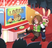 1boy 1girl 6+others ambiguous_gender anger_vein angry animal_crossing animal_ears arcade_bunny breasts brown_hair brown_pantyhose brown_shoes brown_skirt clenched_teeth commentary denim flying_sweatdrops furry furry_male glasses highres indoors isabelle_(animal_crossing) jeans kicking long_sleeves medium_breasts mii_(nintendo) multiple_others nikki_(swapnote) nintendo_badge_arcade open_mouth pants pantyhose pleated_skirt rabbit_boy rabbit_ears red-framed_eyewear shoes short_hair skirt swapnote teeth yamouri rating:g score:4 post #10103518