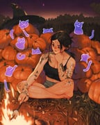 1girl arm_tattoo barefoot black_camisole black_hair black_hat black_nails blue_shorts breasts camisole campfire cat cleavage closed_mouth crescent_moon earrings facial_tattoo forest ghost grass hand_on_own_chin hat highres holding holding_stick indian_style jewelry leg_tattoo long_hair looking_to_the_side moon nature night night_sky on_ground original ponytail pumpkin roasted_marshmallow shorts simz sitting sky solo star_(sky) stick tattoo unworn_hat unworn_headwear witch_hat rating:s score:6 post #10175018