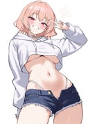 1girl absurdres blue_shorts blush breasts choker commission covered_nipples cowboy_shot crop_top crop_top_overhang cropped_hoodie cutoffs denim denim_shorts drawstring grin hand_up highleg highleg_panties highres hood hood_down hoodie large_breasts long_sleeves looking_at_viewer maplestory midriff missing_commentary navel notice_lines o-ring o-ring_choker oldsickkim open_fly panties pink_hair player_character_(maplestory) red_eyes second-party_source short_hair short_shorts shorts simple_background skindentation smile solo stomach string_panties underboob underwear v white_background white_choker white_hoodie white_panties rating:q score:279 post #10120693