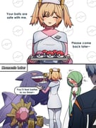 1boy 1girl absurdres blonde_hair blush breasts burnice_white closed_eyes comic dorahdew english_text gardevoir gengar grey_hair hat highres large_breasts love_ball nurse nurse_cap poke_ball pokemon red_eyes speech_bubble starmie teeth twintails wise_(zenless_zone_zero) zenless_zone_zero rating:g score:9 post #10173826