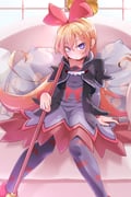 1girl animal_print bat_print black_dress black_jacket blonde_hair blue_eyes bow broken_heart choker dokidoki!_precure dress hair_bow heart highres holding holding_weapon jacket kakkuu_(clutch_shot_king) long_hair looking_at_viewer open_clothes open_jacket pantyhose pillow precure red_bow red_choker regina_(dokidoki!_precure) sitting solo visible_ears weapon window rating:g score:8 post #9465827