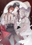 18trip 2boys absurdres alternate_costume arm_on_another's_shoulder black_choker black_hair black_pants bow brown_eyes candle candlestand choker closed_mouth flower frills full_moon gawei567 grey_eyes hair_between_eyes heterochromia high-waist_pants highres holding holding_candlestand large_bow long_hair long_sleeves looking_at_viewer low_side_ponytail male_focus mole mole_under_eye moon multiple_boys multiple_moles murakumo_ten nishizono_renga open_mouth pants ponytail red_eyes red_hair rose shirt short_hair sketch smile torn_clothes veil white_shirt rating:g score:0 post #10175517
